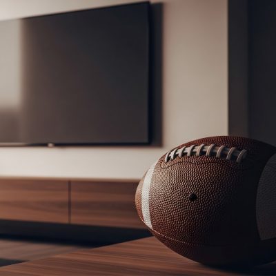 A football sits on a wooden coffee table in front of a flat-screen TV mounted on a white wall in a modern living room