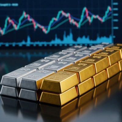 An image of silver and gold bars stacked in neat rows with a line chart in the background
