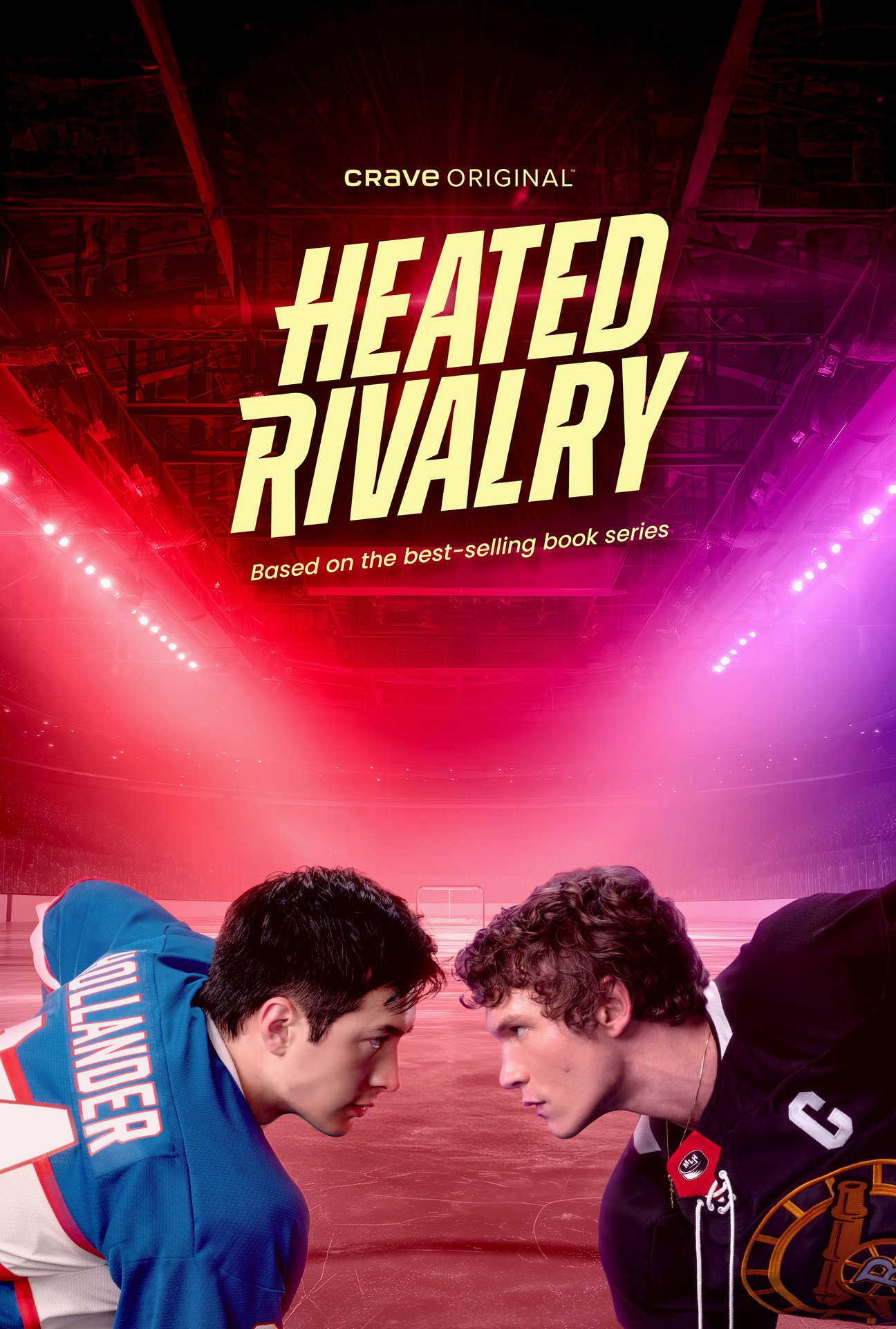 Two opposing hockey players lean forward at center ice in a dramatic, neon‑lit arena beneath the title “Heated Rivalry.”