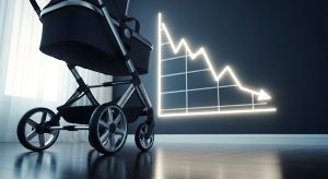 Image of a gray baby buggy in front of a glowing line graph showing a downward trajectory.
