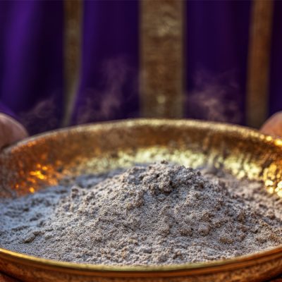 Catholic priest holding a golden plate with ash during the Ash Wednesday ritual