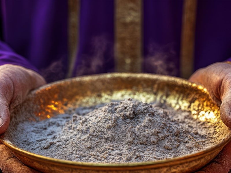 Catholic priest holding a golden plate with ash during the Ash Wednesday ritual