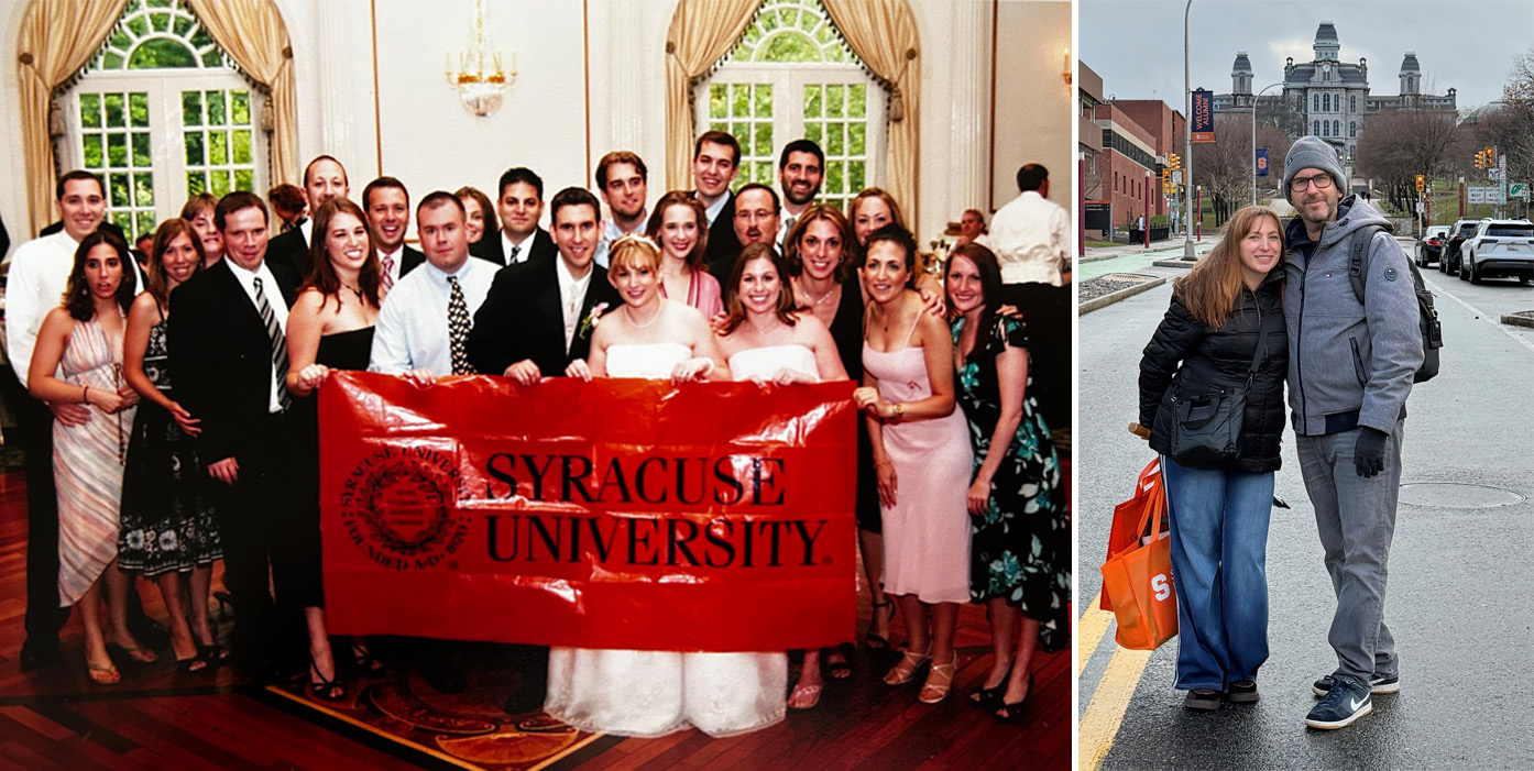 Two photos side by side: on the left, a large wedding party holding an orange Syracuse University banner; on the right, two people standing together on a city street near campus buildings
