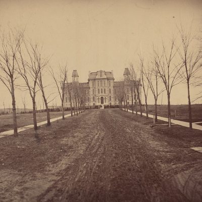 A long dirt path lined with bare trees leads to a large, ornate stone building standing alone on open grounds.