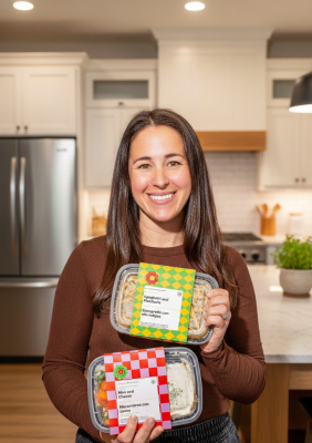Woman in a kitchen holding pre-packaged meals.