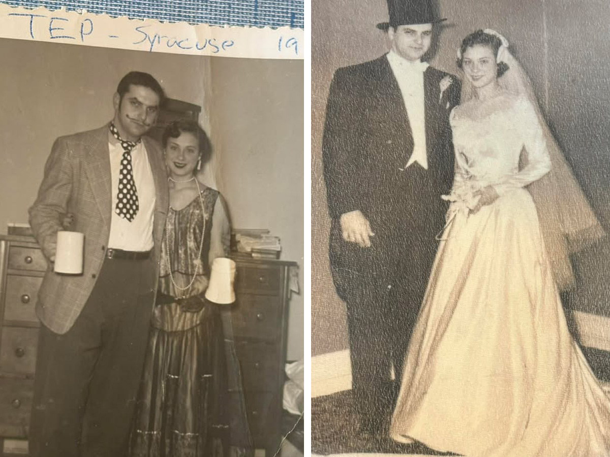 Two vintage photos side by side: on the left, a couple dressed in costume holding mugs; on the right, a couple in formal wedding attire with a long gown and veil.