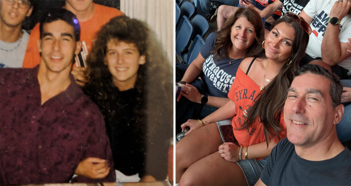 Side-by-side photos showing two people in an older snapshot on the left and a more modern photo showing the same individuals with their daughter at a Syracuse game on the right