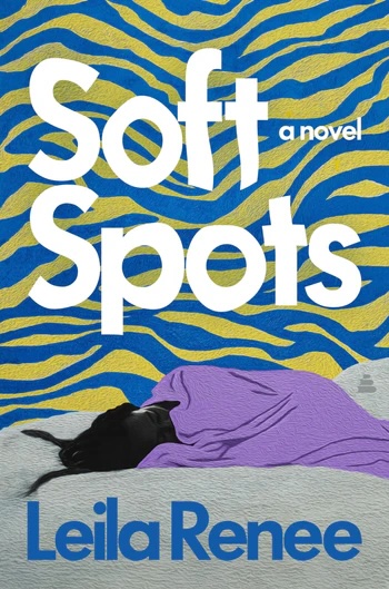 A novel cover with bold white text over a blue and yellow wavy pattern, showing a figure lying under a purple blanket.