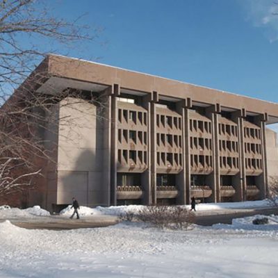 Exterior shot of Bird Library in the winter