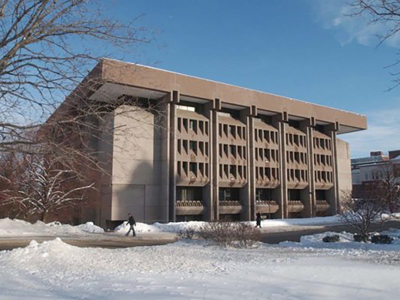 Exterior shot of Bird Library in the winter
