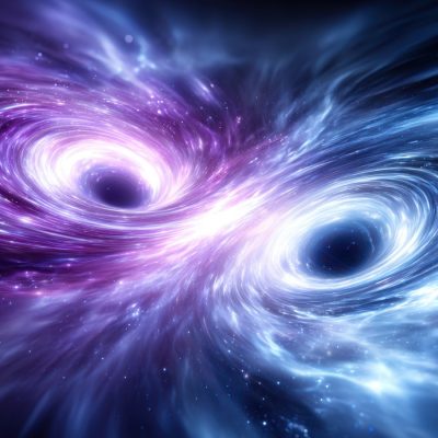 Two colliding black holes with swirling purple and blue accretion disks spiraling toward each other in space.