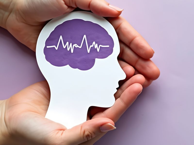 Hands hold brain cutout. Paper head with encephalography on purple background.