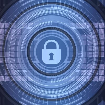 Abstract blue cybersecurity graphic with a digital padlock icon at the center