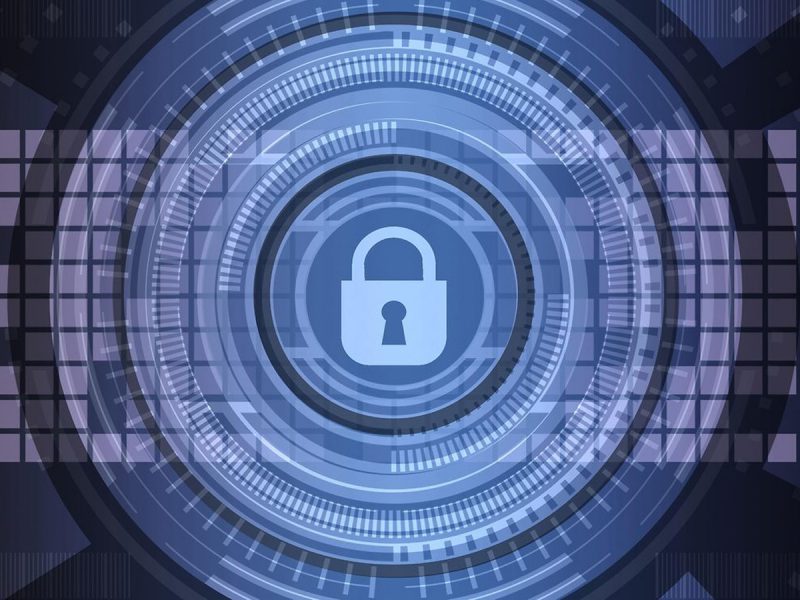 Abstract blue cybersecurity graphic with a digital padlock icon at the center