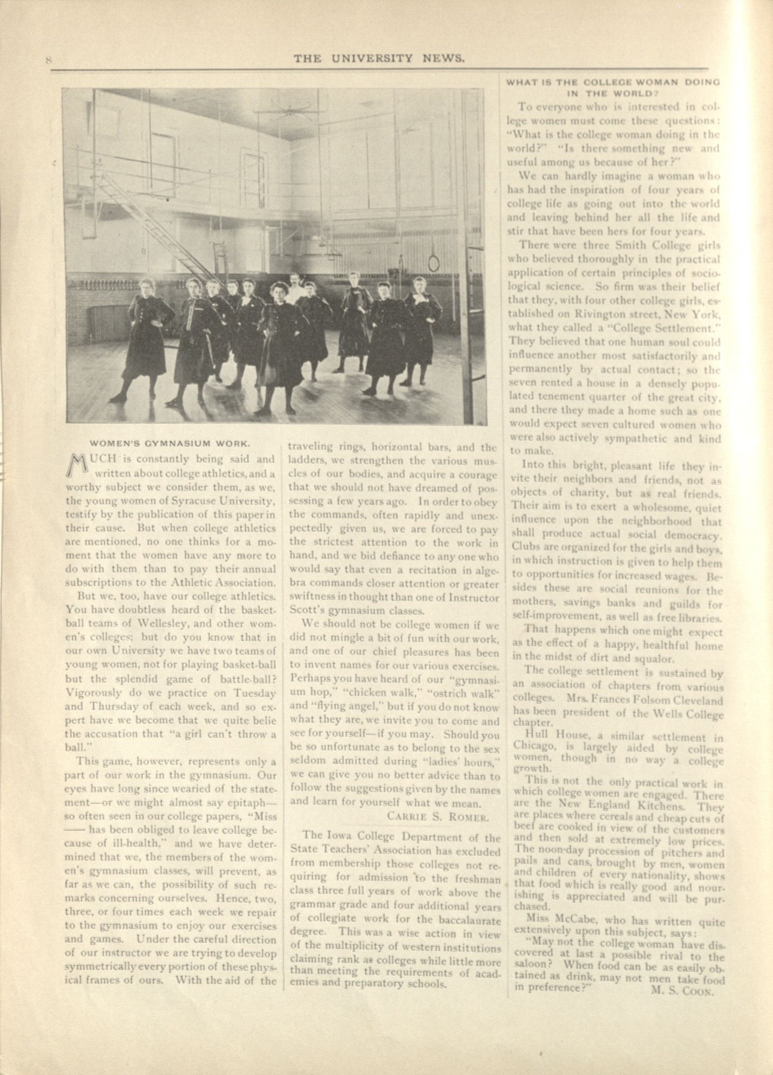 A scanned newspaper page featuring a vintage photo of a group in a large gymnasium at the top left, with two columns of printed text filling the rest of the page.