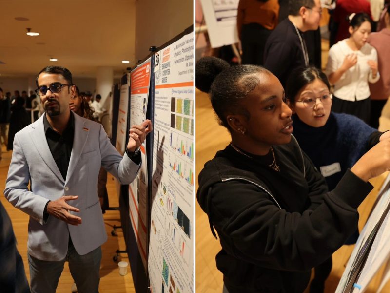 side-by-side photos of researchers discussing academic posters during a conference poster session.