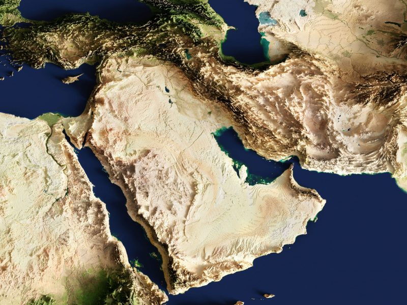 A three-dimensional satellite-style topographic map of the Middle East, showing the region's terrain, desert landscapes, mountain ranges, and surrounding bodies of water including the Persian Gulf, Red Sea, and Mediterranean Sea.