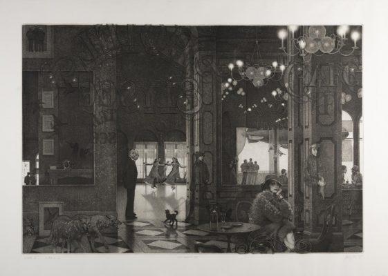 Black-and-white etching of an elegant early 20th-century café interior with figures, chandeliers and a black cat on a checkered floor