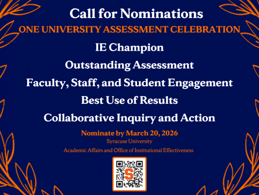 A navy and orange graphic calling for nominations for the 2026 One University Assessment Celebration. Deadline: March 20.