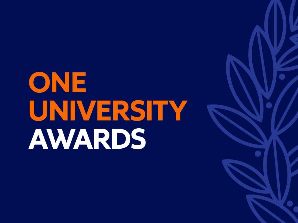 One University graphic, orange and white lettering on a blue background