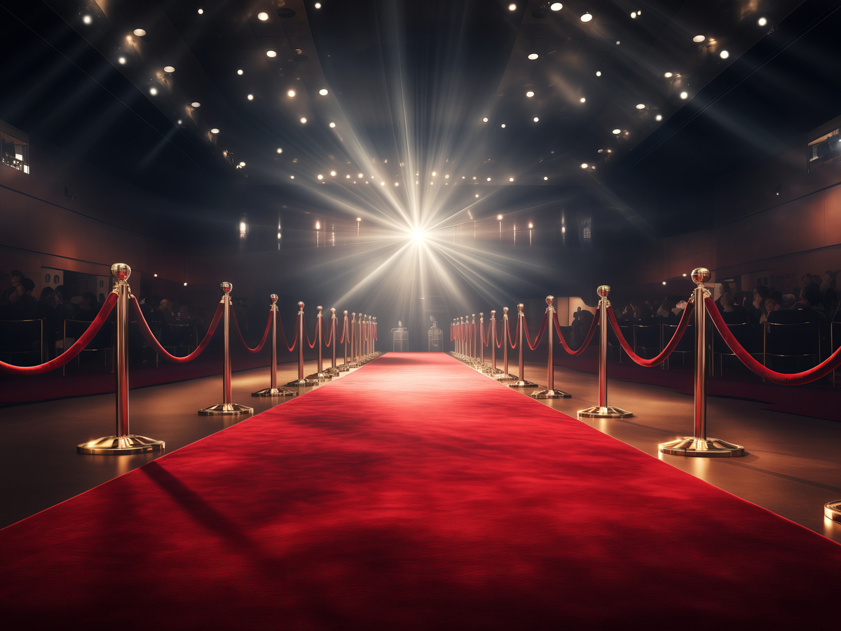 An empty red carpet lined with gold stanchions and velvet ropes leads toward a bright spotlight.