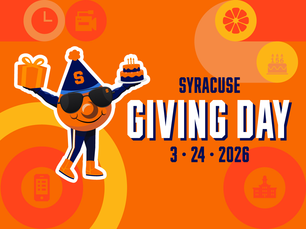 Syracuse University Giving Day promotional graphic for March 24, 2026, featuring Otto the Orange mascot in a party hat and sunglasses, holding a gift box and birthday cake, on an orange and yellow background. Long/descriptive version: A vibrant orange and yellow promotional graphic for Syracuse University Giving Day on March 24, 2026. The Syracuse University mascot, Otto the Orange, is illustrated in a celebratory pose wearing a navy blue party hat with an "S" logo, dark sunglasses, and a navy tracksuit. He holds a wrapped gift box in one hand and a birthday cake in the other. Background icons include a clock, video camera, orange slice, cake, mobile device, and building silhouette. Bold white and navy text reads "Syracuse Giving Day 3 • 24 • 2026."