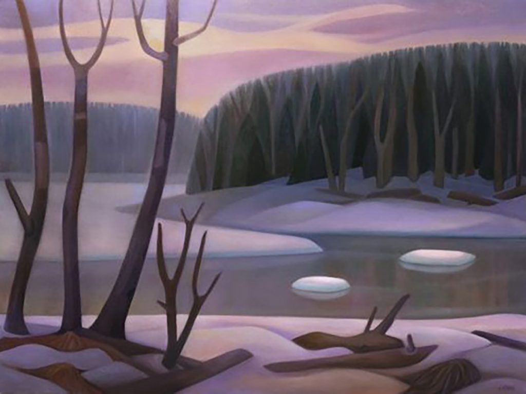 A painting of a partially frozen lake in winter, with bare trees in the foreground, a dense evergreen treeline across the water, and a soft purple and pink sky.