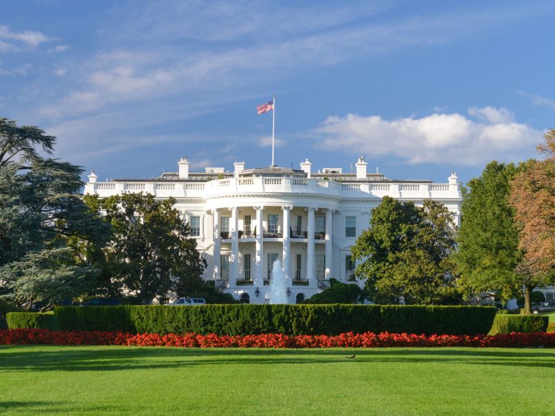 The White House South Lawn, with a fountain, red flower beds, and the American flag flying above the portico on a sunny day.