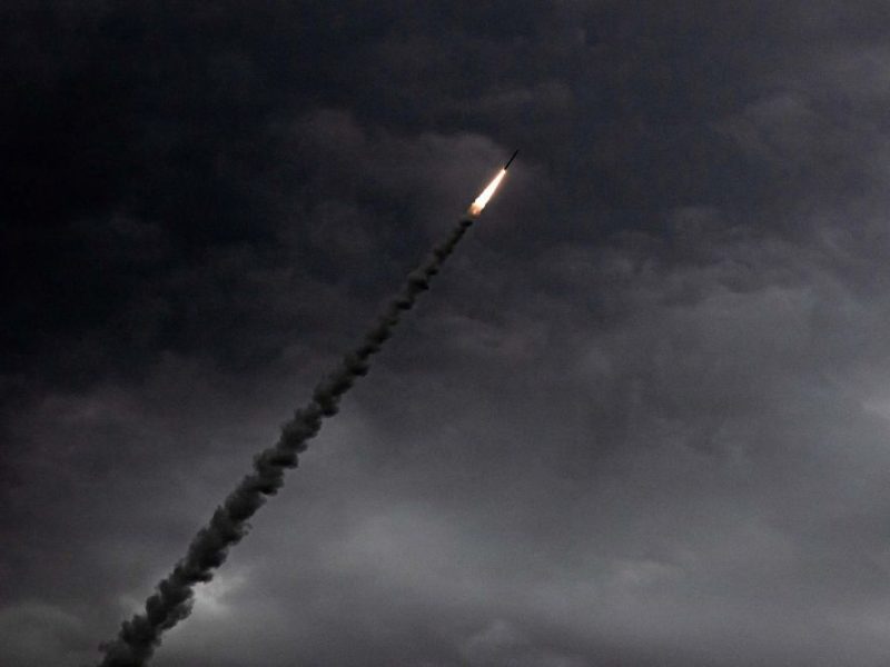 A missile launches through dark, cloudy skies leaving a trail of smoke, during U.S. air defense operations in the Central Command area of responsibility during Operation Epic Fury, April 2, 2026.