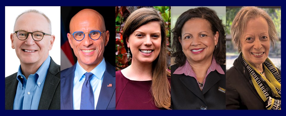 Five professional headshots arranged side by side against a dark navy blue border