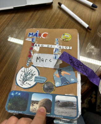 A handmade field journal cover decorated with collaged letters spelling "Marc" and "Cabo de Palos," a SpongeBob sticker, a Posidonia oceanica seagrass diagram, a purple washi tape strip, and three small coastal/underwater photographs with Spanish captions.
