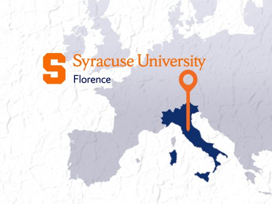 Syracuse University Florence logo with an orange location pin pointing to Italy on a map of Europe.