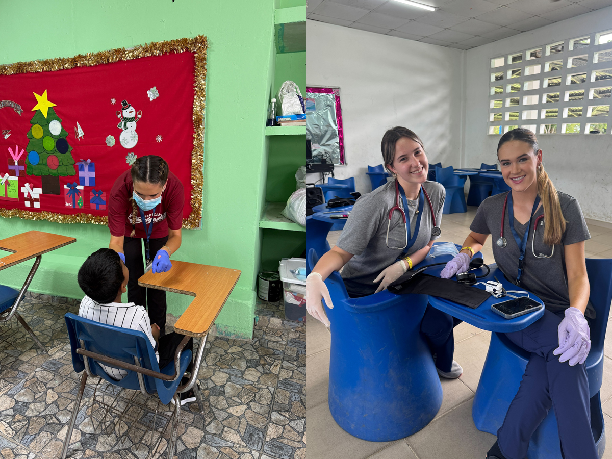 Composite photo showing A masked Medical Brigades volunteer in gloves examines a young student seated at a classroom desk in Panama on the left, and Two student volunteers in scrubs and stethoscopes smile while seated with medical equipment at a clinic.