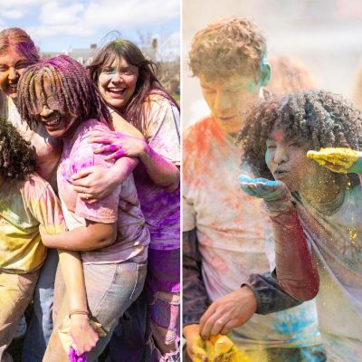 Composite image of people celebrating Holi outdoors, smiling and covered in bright colored powder, with clouds of pigment in the air