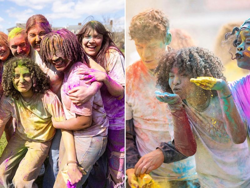 Composite image of people celebrating Holi outdoors, smiling and covered in bright colored powder, with clouds of pigment in the air