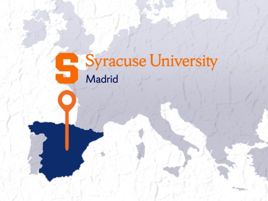 Graphic showing the Syracuse University Madrid study abroad program, featuring the Syracuse University logo in orange and navy blue beside the text "Syracuse University Madrid." Below the logo, an orange map pin points to Spain, which is highlighted in navy blue on a gray map of Europe.