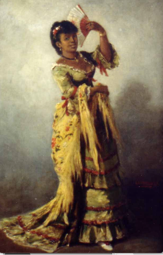 A 19th-century oil painting of a woman in a yellow ruffled gown holding a fan, smiling confidently.