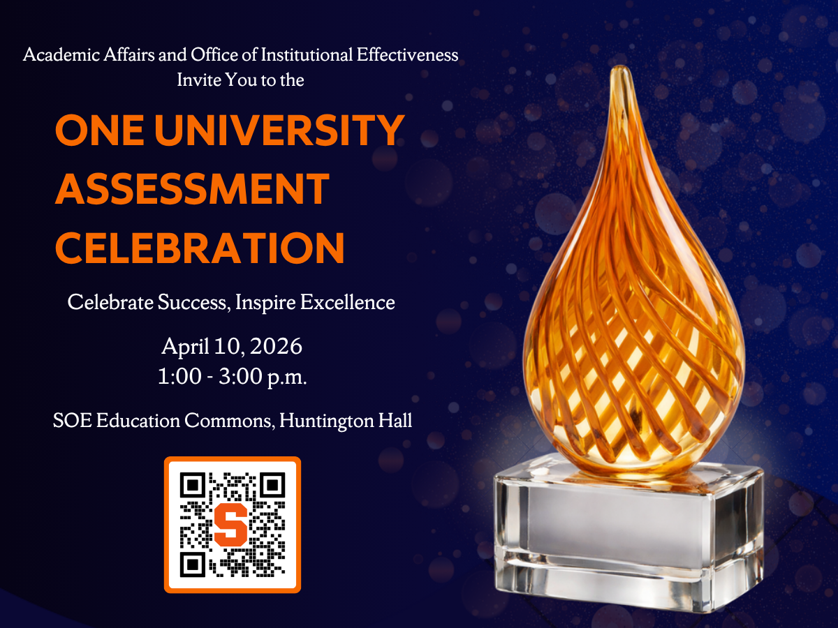 Graphic promoting the One University Assessment Celebration on April 10, 2026, featuring a gold glass award and a QR code for registration