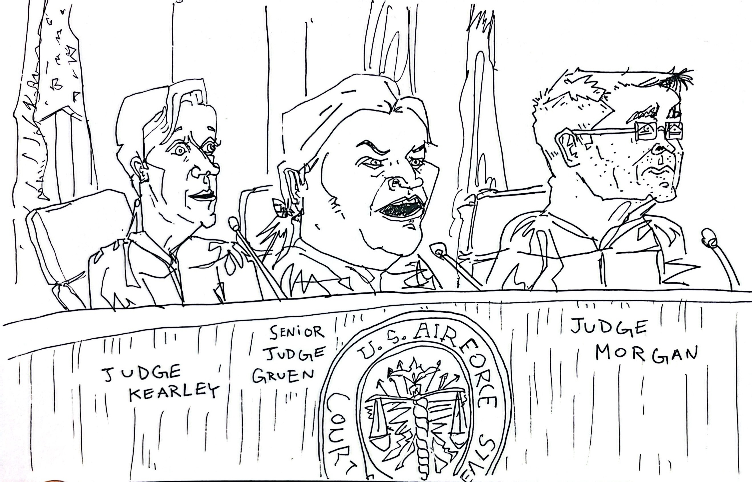 Detailed line drawing of three judges seated at a courtroom bench, labeled with titles on the front.