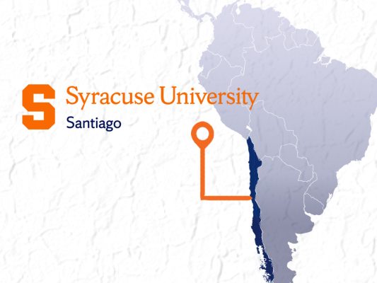 Syracuse University Santiago logo with a map of South America highlighting Chile and marking Santiago's location