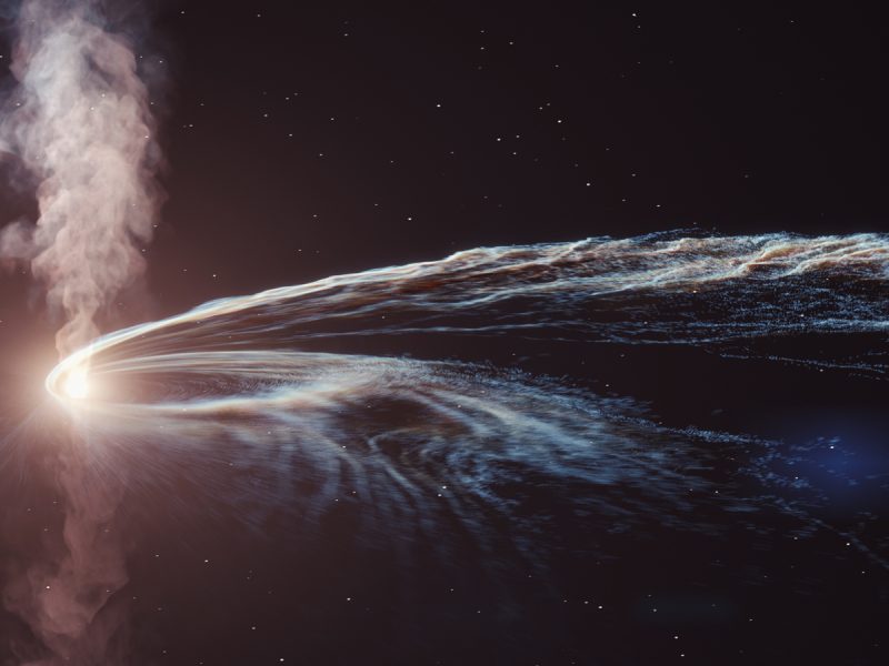 An artistic rendering of a tidal disruption event shows stellar debris streaming toward a bright gravitational source.