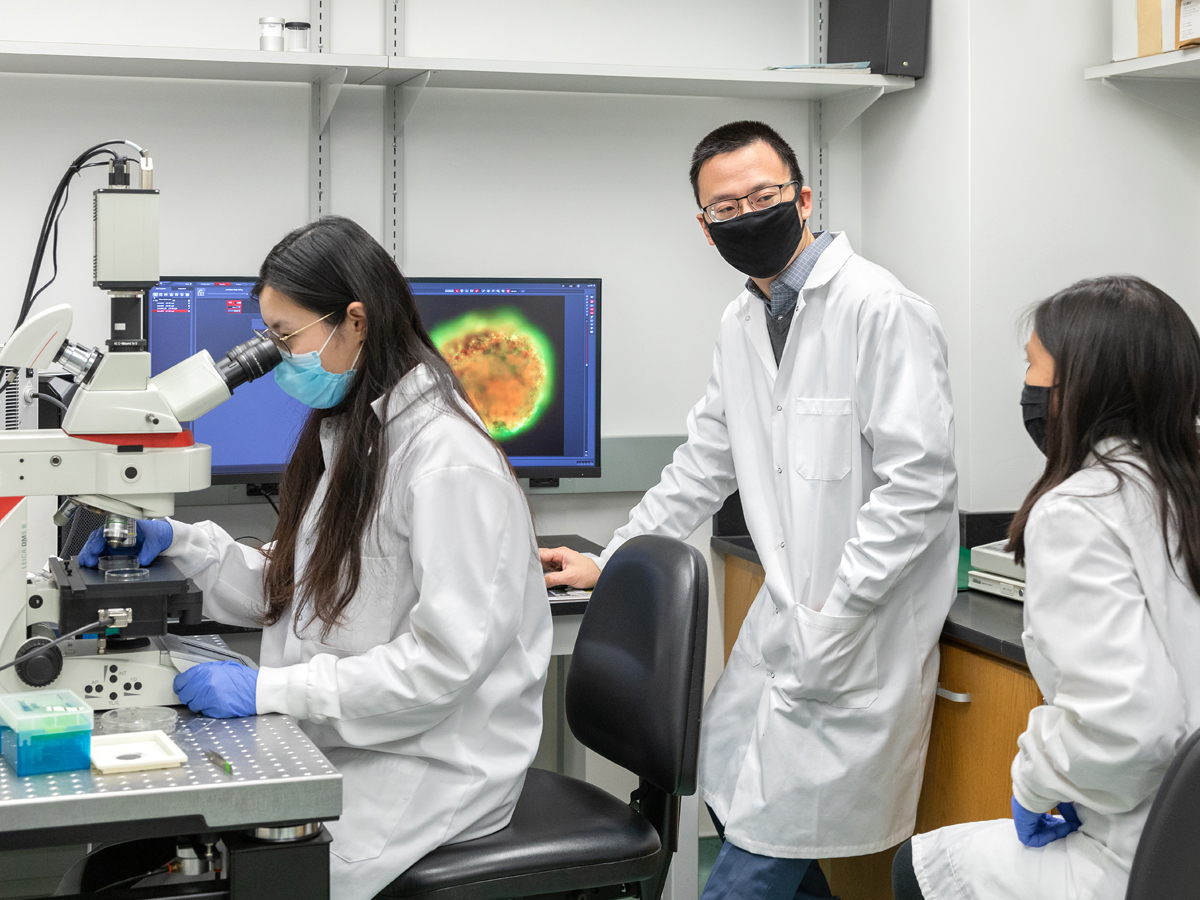 A professor and two students in lab coats and masks work around a microscope in a lab.