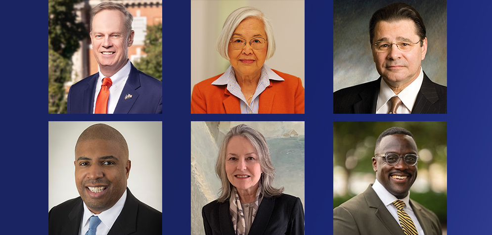 A grid of six professional headshot photographs arranged in two rows of three against a blue background