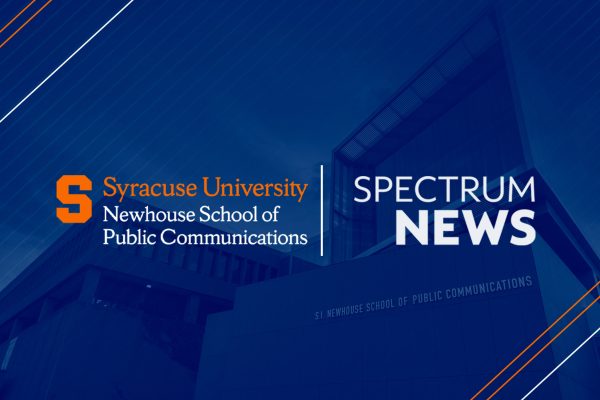 Syracuse University Newhouse School of Public Communications and Spectrum News logos on a blue branded background