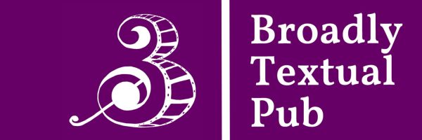 Purple banner logo for Broadly Textual Pub, featuring a stylized number 3 designed to resemble a film strip with a musical flourish.