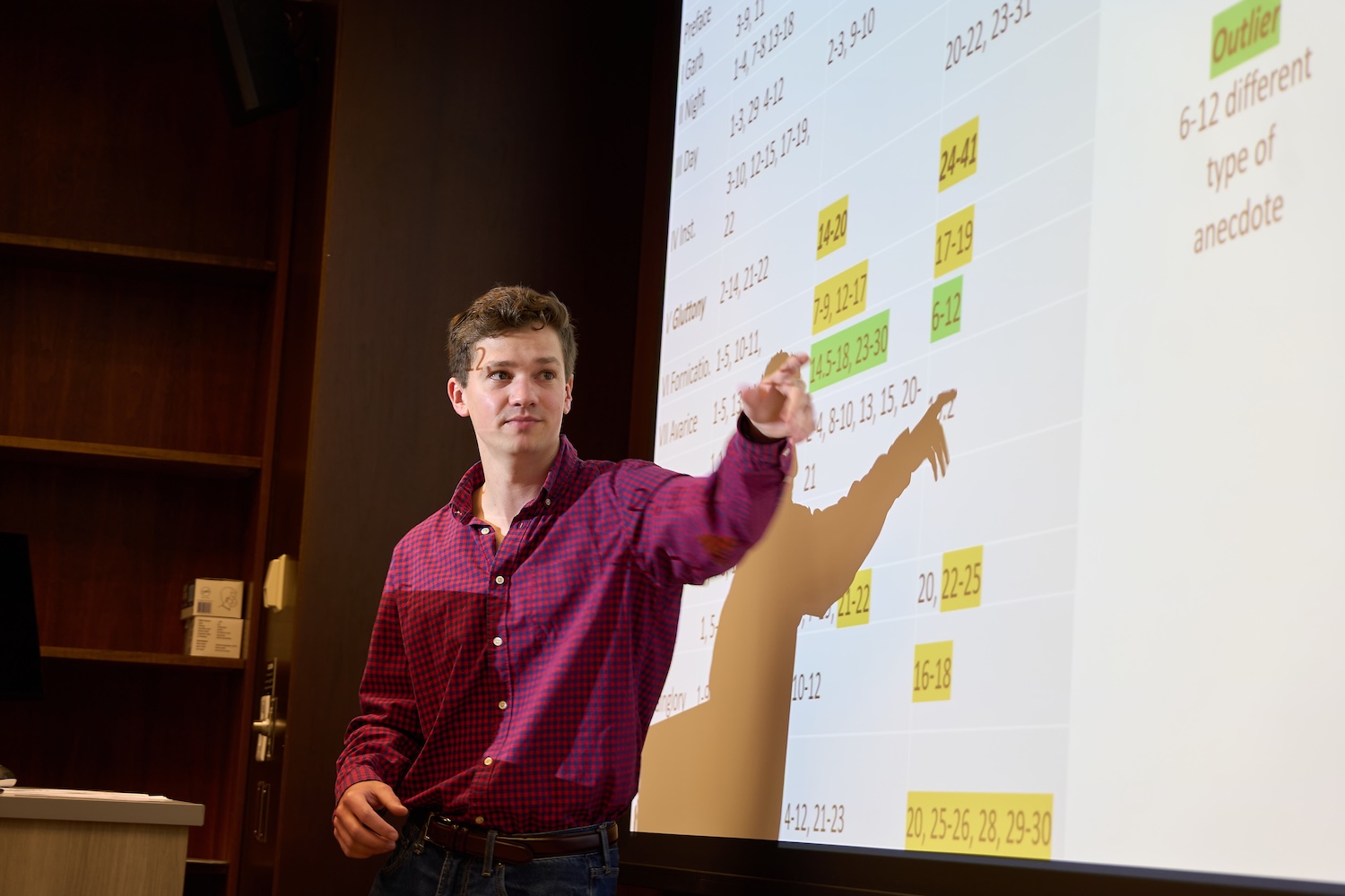 Person in a red checkered shirt pointing at a projected slide with highlighted data during a classroom presentation.