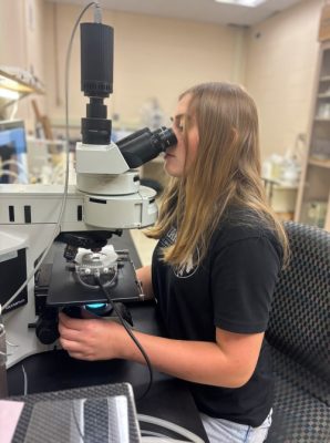 Senior Emerson Long looks through an Olympus microscope in a university research lab.