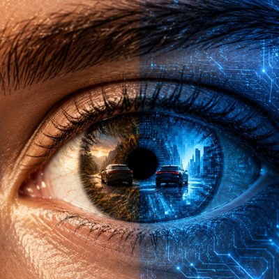 Close-up of an eye split between a natural scene with a car on a road and a digital cityscape with circuit patterns.