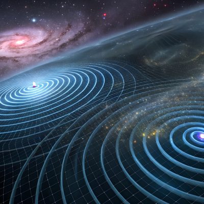 An artistic rendering of two celestial objects emitting gravitational waves depicted as concentric rings across space.