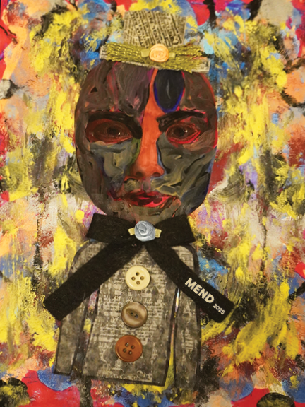 Cover art for Mend 2026, featuring a mixed-media collage portrait of a figure with a painted face, newspaper elements, buttons, and a black ribbon bow, set against a vibrant abstract background of yellow, red, and blue.